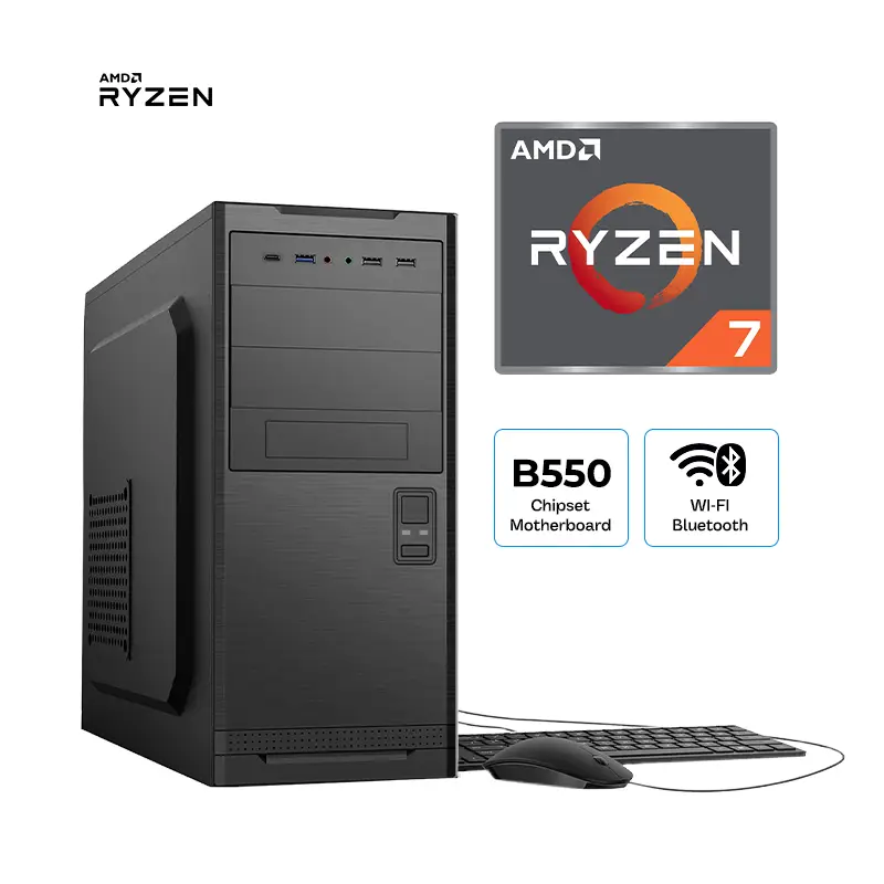 PC AMD Ryzen 7 5700G - B550 con Wi-Fi y Bluetooth, 16 GB RAM, SSD 500 GB, teclado, mouse y parlantes; potencia y conectividad sin cables.