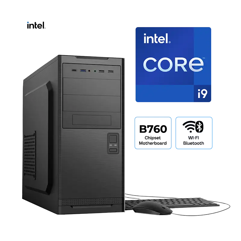 CPU Intel Core i9-14900 de frente con teclado y mouse, sello oficial Intel visible y panel frontal USB-C y USB-A en case negro