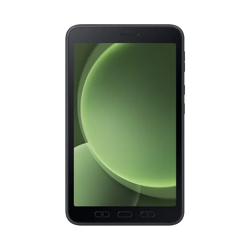 Marco superior aloja el sensor frontal de huellas; la S Pen (sin batería) se extrae desde el lateral derecho y escribe sobre pantalla húmeda o con guantes. Samsung Galaxy Tab Active 5 8 pulgadas frontal S Pen integrada