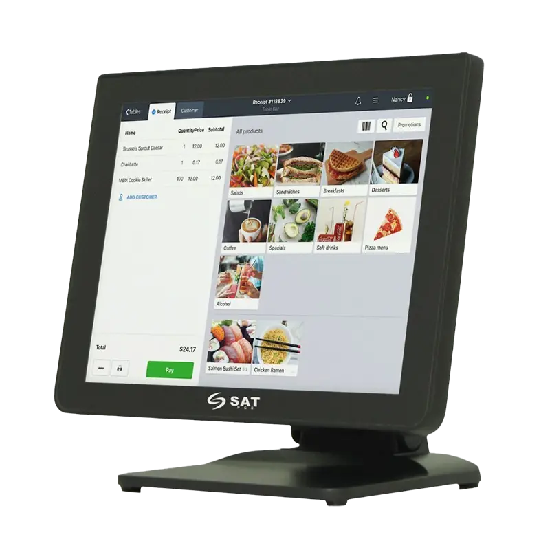 SAT N150-Ci5 desde la izquierda mostrando perfil robusto, base metálica ajustable y montaje VESA 75×75