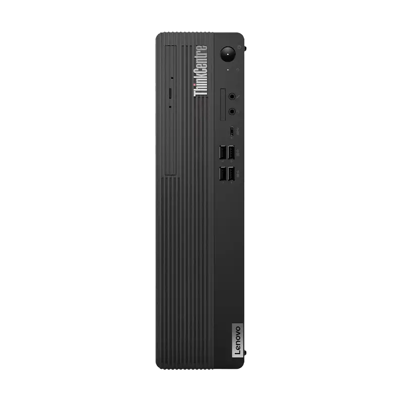 Frente completo ThinCentre M70s Gen 5 SFF: USB-C 15 W, 4× USB-A, jacks, botón LED, logo ThinkCentre, i5-14400, 16 GB DDR5-5600, 1 TB PCIe 4.0, Win11 Pro, SFF.