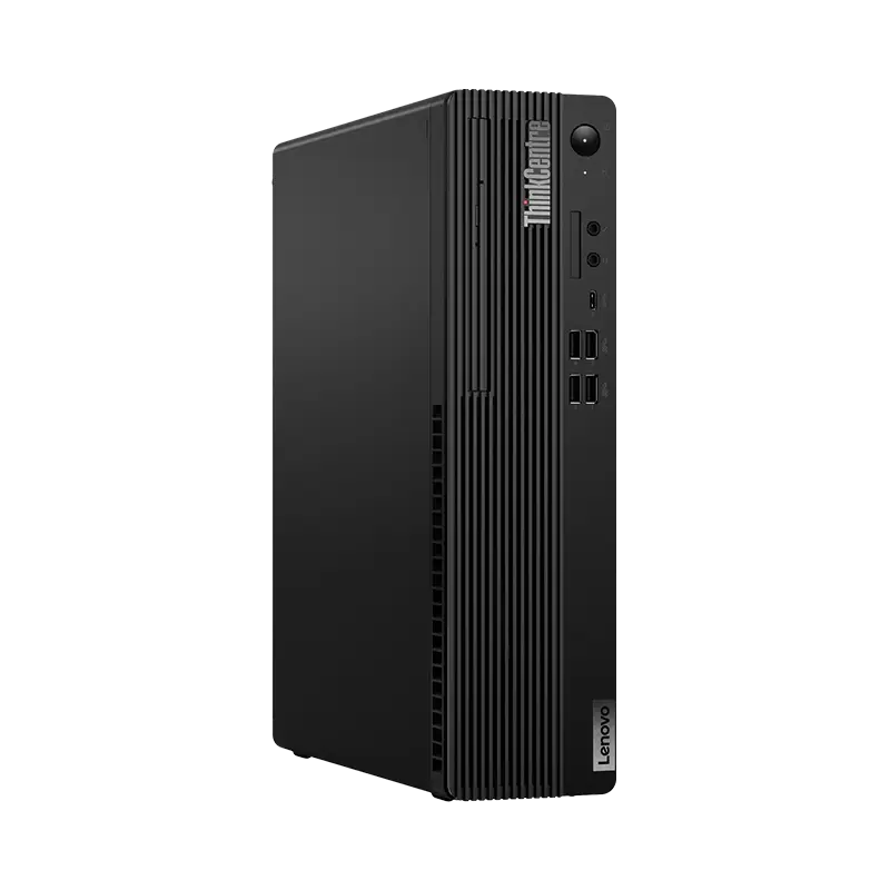Frente derecha ThinkCentre M75s Gen 2 AMD SFF: USB-C, USB Gen 1/Gen 2, jacks, rejillas de ventilación, Ryzen 7 5700G, 16 GB DDR4, 1 TB PCIe, Free DOS, SFF, 5.3 kg, MIL-STD-810H.