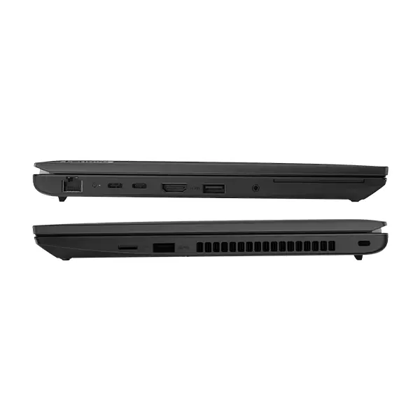Perfiles ambos lados ThinkPad L14 Gen 4 AMD cerrada: 2× USB-C, USB-A, HDMI 2.1, RJ-45 Gigabit, Kensington Lock, microSD, Wi-Fi 6E y BT 5.3.