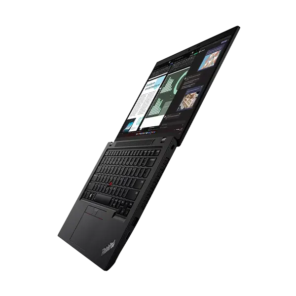 ThinkPad L14 Gen 4 AMD abierta 180°: bisagra completa, pantalla FHD IPS con Win11 Pro, teclado chiclet negro sin numérico, TrackPoint y chasis resistente.