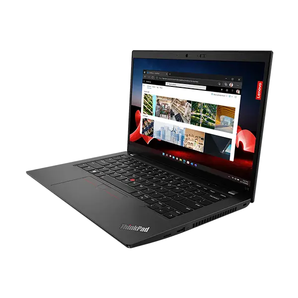 Perfil derecho ThinkPad L14 Gen 4 AMD: grosor 2.0 cm aprox., teclado chiclet negro sin numérico, TrackPoint rojo, pantalla IPS 250 nits y chasis negro texturado.