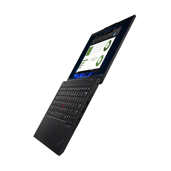 ThinkPad L14 Gen 5 lateral derecha 180°: bisagra completa, pantalla WUXGA IPS con Win11 Pro, teclado chiclet negro sin numérico, TrackPoint y chasis resistente.