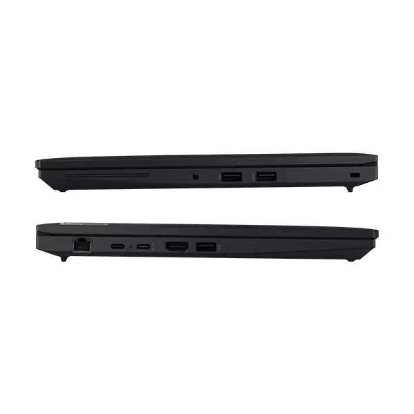 Perfiles ambos lados ThinkPad L14 Gen 5 cerrada: USB-A, USB-C, HDMI 2.1, RJ-45 Gigabit, Kensington Lock, microSD, Wi-Fi 6E y BT 5.3.