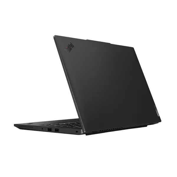 Posterior + derecha ThinkPad L14 Gen 5 abierta: logo ThinkPad iluminado, puertos USB-C/HDMI visibles, teclado chiclet negro sin numérico y chasis empresarial.