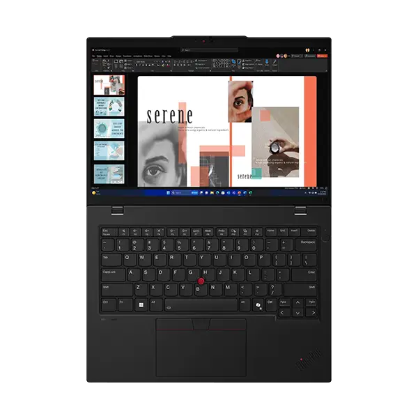 ThinkPad L14 Gen 5 superior 180°: bisagra completa, pantalla WUXGA IPS 400 nits con Win11 Pro, teclado chiclet negro sin numérico, TrackPoint y chasis resistente.