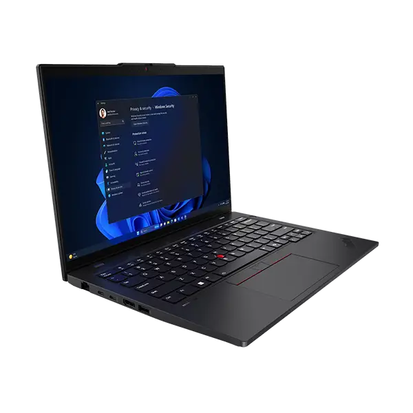Perfil izquierdo ThinkPad L14 Gen 5: puertos USB-C con PD/DP, teclado chiclet negro sin numérico, TrackPoint rojo, pantalla IPS y chasis empresarial.