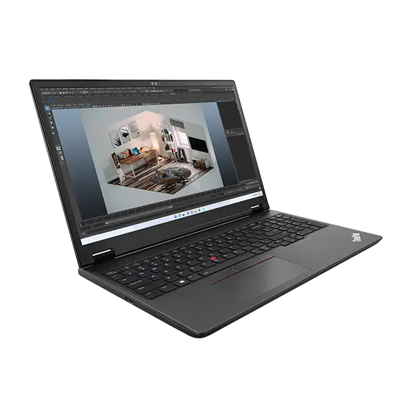 Frente izquierdo ThinkPad P16v Gen 2 Intel: WUXGA IPS 300 nits, teclado numérico, puertos TB4, USB-A, HDMI 2.1, RJ-45, SD Express 7.0, Ultra 7 155H, RTX 1000 Ada.