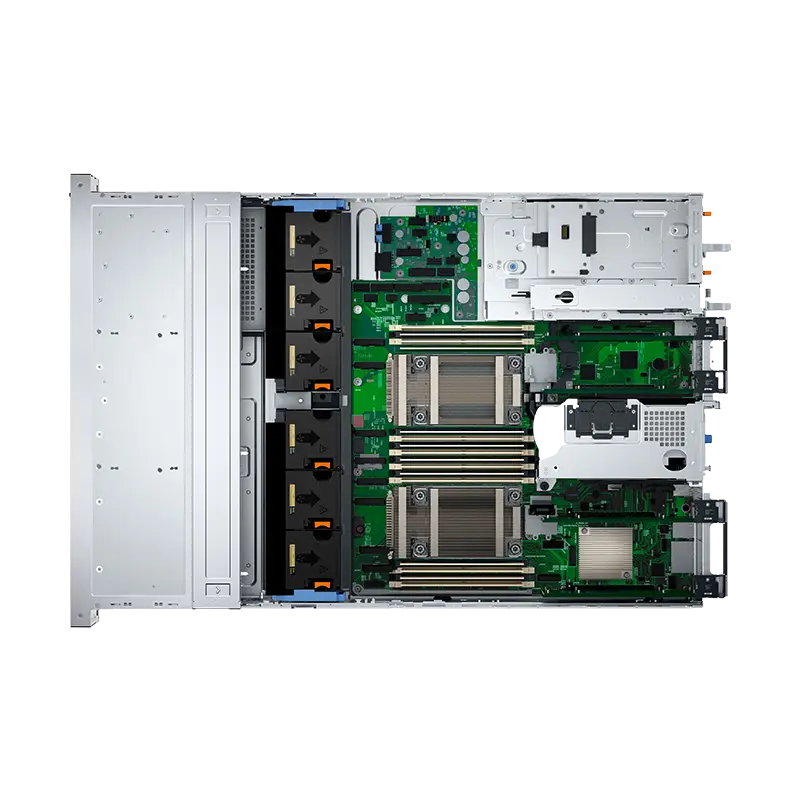 Interior del servidor Dell R760xs mostrando CPU Xeon Gold 6526Y, 16 ranuras DDR5 ECC RDIMM, controladora PERC H755, ranuras PCIe x16 y TPM 2.0 para encriptación y Secure Boot