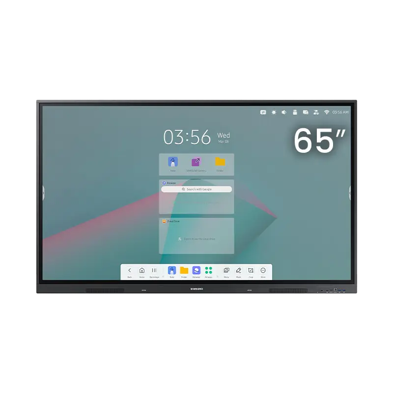 Pantalla interactiva Samsung 65 pulgadas 4K-UHD, frente frontal con bisel negro mate de 16,4 mm, tecnología táctil IR, Android 11 integrado y 25 % de opacidad anti-reflejo para aulas y salas de reuniones