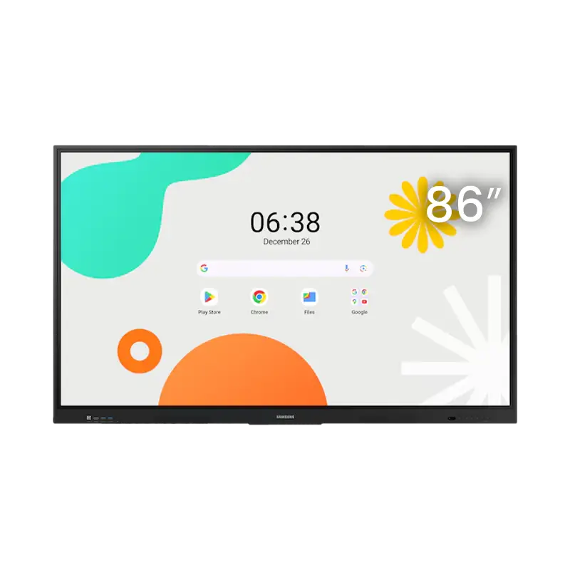 Pantalla interactiva Samsung 86 pulgadas 4K-UHD, frente frontal con bisel de aluminio negro mate de 17,2 mm, tecnología táctil IR, Android 14 integrado y cristal anti-reflejo 25 % para auditorios y salas de juntas