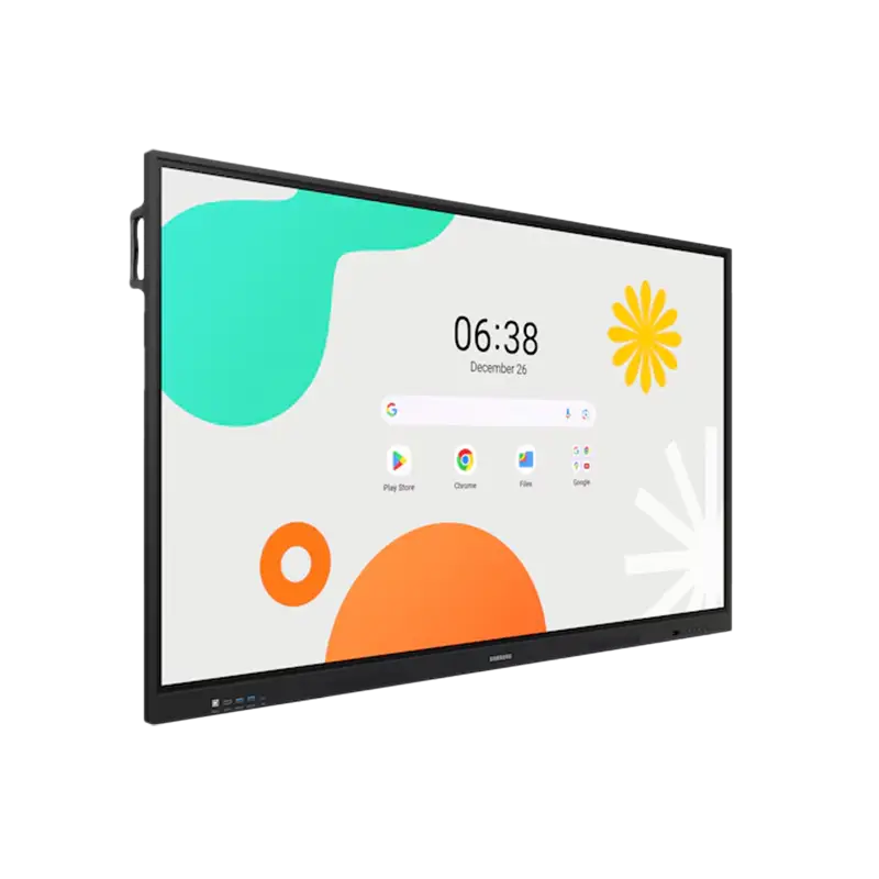 Pantalla interactiva Samsung 86” vista lateral izquierda que muestra el perfil de 87,7 mm, bisel uniforme y preparación para montaje VESA 800×600 en pared o estructura de auditorio