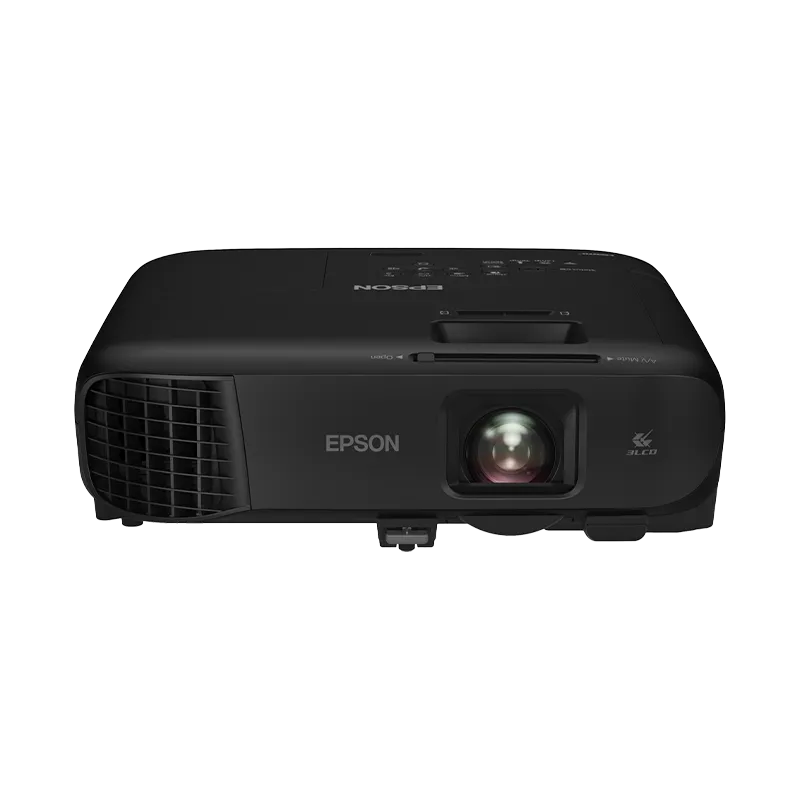 Vista en ángulo superior del proyector Epson FH52 Plus, mostrando los botones de control manual en la parte superior y su diseño compacto para instalación flexible.