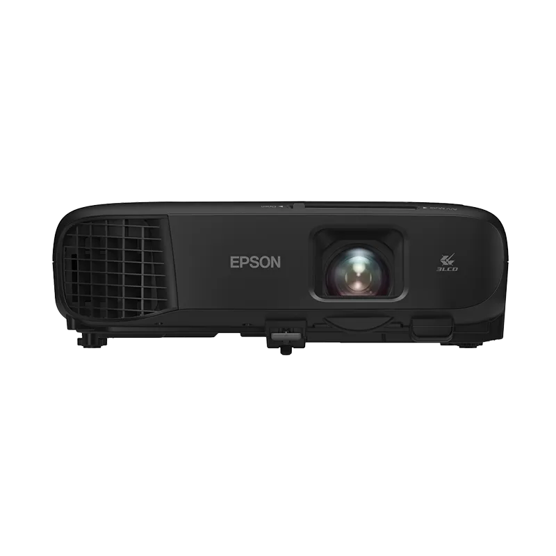 Vista frontal del proyector Epson PowerLite FH52 Plus Full HD en color negro, mostrando su lente con zoom óptico 1.6x. Equipo 3LCD profesional de 4000 lúmenes para presentaciones y auditorios.