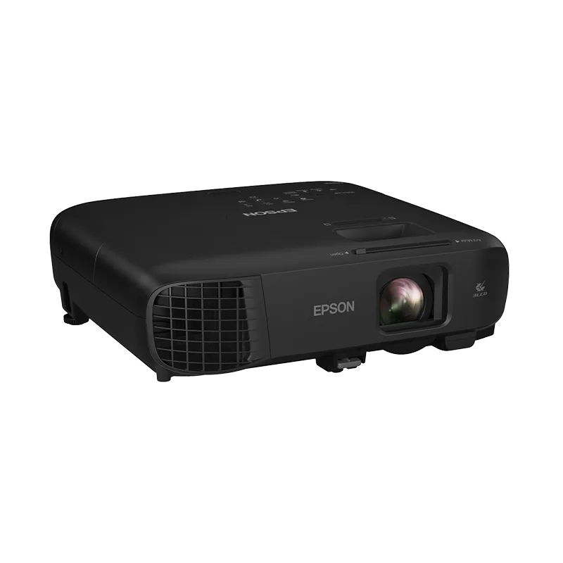 Vista lateral izquierda del proyector Epson desde ángulo superior, mostrando los anillos de zoom y enfoque manual, y el ajuste de desplazamiento vertical.