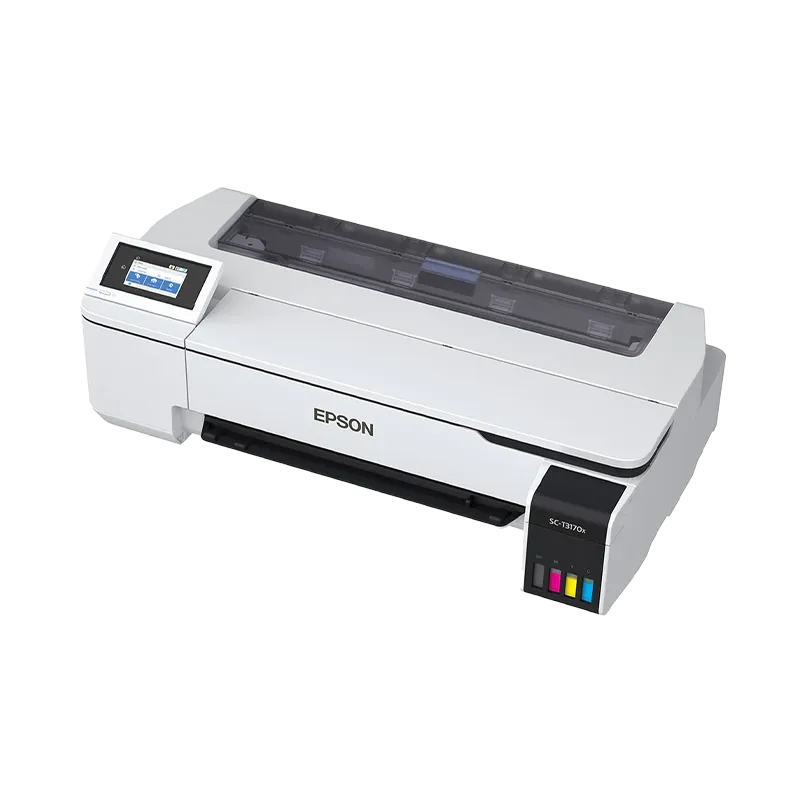 Vista lateral derecha del plotter Epson SureColor T3170X, mostrando el sistema de botellas de tinta T49H de 140ml (CMYK) y el área de manejo del rollo de papel de hasta 24 pulgadas de ancho.