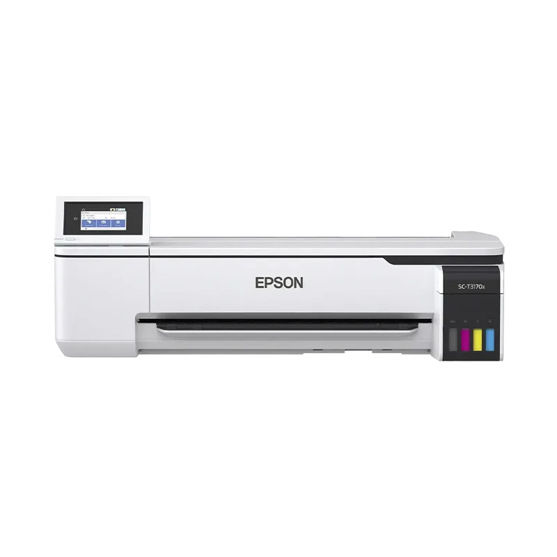 Impresora plóter Epson SureColor T3170X de 24" para gran formato. imprimiendo un plano arquitectónico en modo de rollo, mostrando su cabezal PrecisionCore en movimiento y la pantalla táctil de 4.3 pulgadas en funcionamiento.