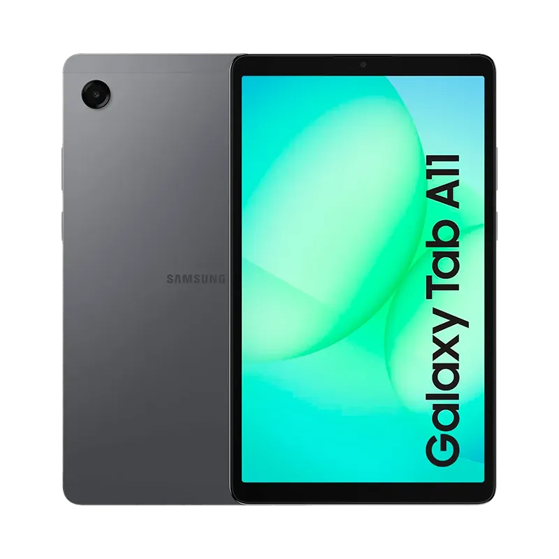 Tablet Samsung Galaxy Tab A11 SM-X133 mostrando su pantalla de 8.7 pulgadas WXGA+ y su parte trasera gris con cámara de 8 MP. Diseño delgado de 8 mm y peso ligero de 335g.