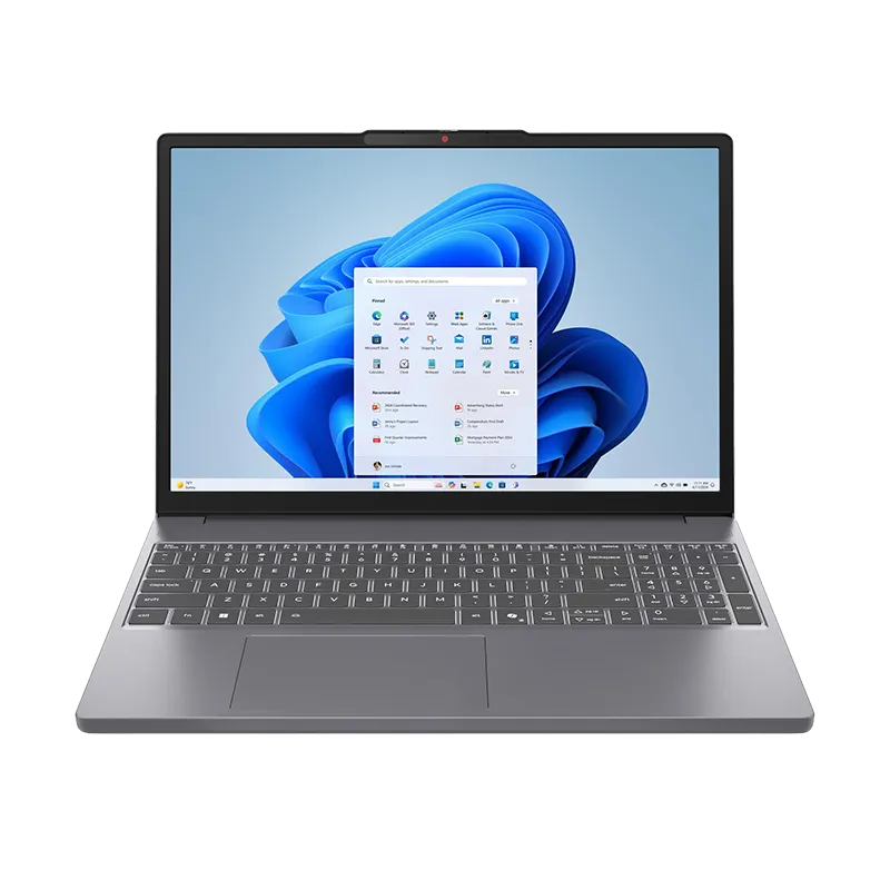 Laptop Lenovo IdeaPad Slim 3 15IRH10 abierta, mostrando su pantalla WUXGA IPS antireflejo de 15.3 pulgadas con biseles delgados (90.7% pantalla-cuerpo). Color Luna Grey.