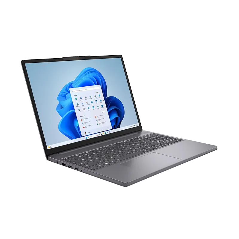 Vista lateral izquierda del Lenovo IdeaPad Slim 3, mostrando puertos USB-C (carga y DisplayPort), lector de tarjetas SD y HDMI 1.4. Diseño ultradelgado.