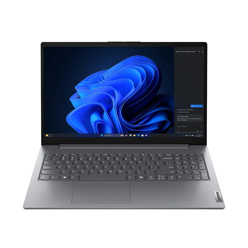 Laptop Lenovo V15 G5 IRL (83GW005LLD) abierta, mostrando su pantalla FHD antireflejo de 15.6 pulgadas y diseño en color Luna Grey. Portátil con procesador Intel Core i5-13420H y DDR5.