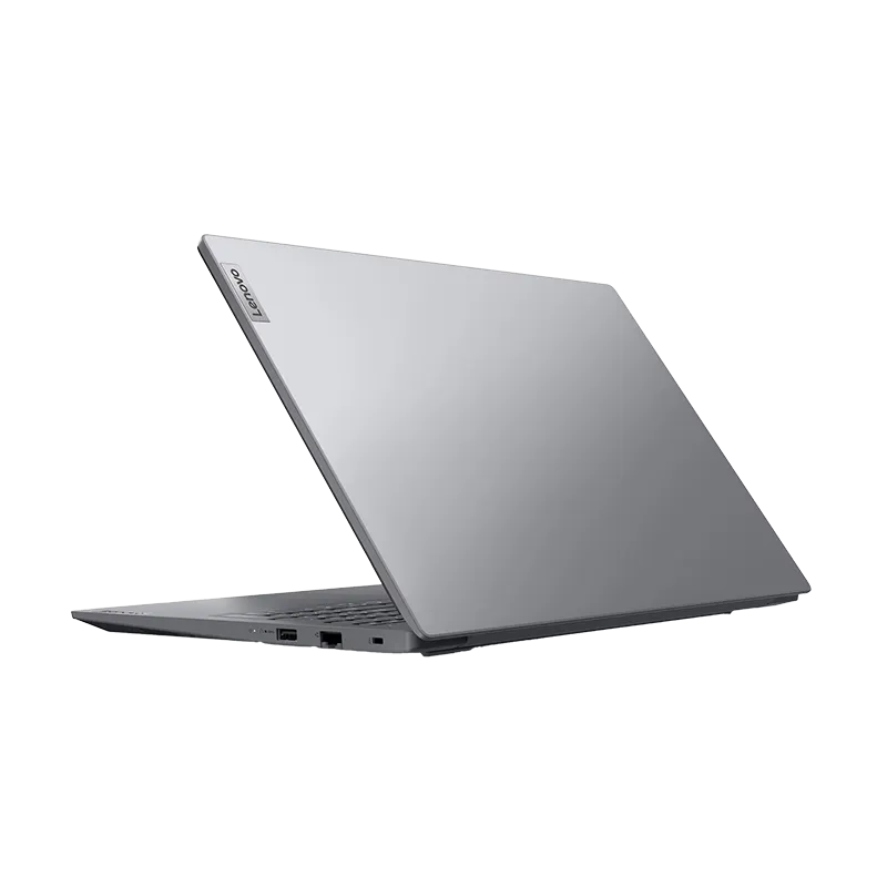 Tapa superior de la Lenovo V15 G5 IRL, mostrando el acabado IMR en color Luna Grey con el logo Lenovo. Diseño profesional y ligero (1.61 kg).