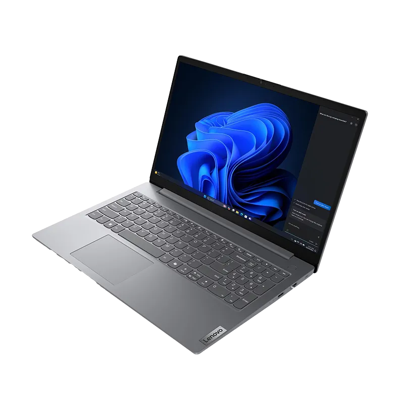 Vista lateral derecha de la laptop Lenovo V15 G5 con puertos USB-A 3.2, entrada de alimentación y puerto Ethernet Gigabit RJ-45. Diseño resistente certificado Mil-STD-810H.