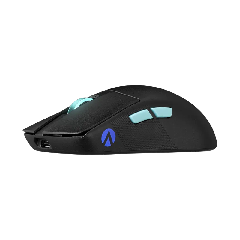 Mouse ASUS ROG Harpe Ace Aim Lab Edition | Sensor 36K DPI, 54g, Triple Conectividad, NVIDIA Reflex 4 Vista frontal lateral del mouse ROG Harpe Ace Aim Lab Edition, mostrando los 5 botones programables con switches mecánicos de 70 millones de clicks, rueda RGB y cinta de agarre antideslizante incluida.