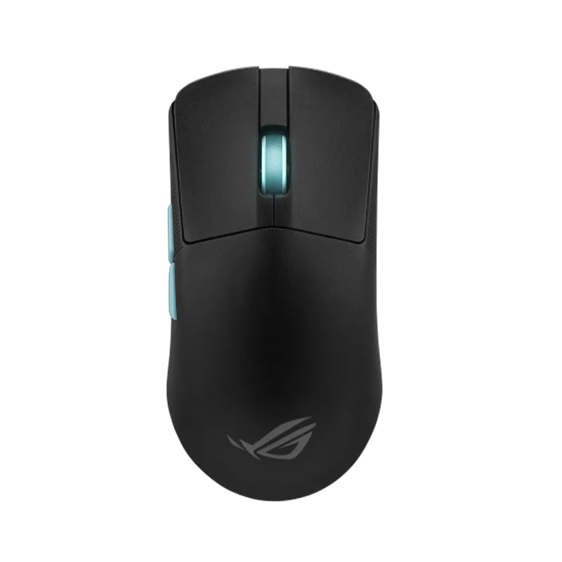 Mouse ASUS ROG Harpe Ace Aim Lab Edition | Sensor 36K DPI, 54g, Triple Conectividad, NVIDIA Reflex 3 Mouse gaming ASUS ROG Harpe Ace Aim Lab Edition color negro en vista superior, mostrando su diseño ambidiestro ultraligero de 54g, con sensor ROG AimPoint de 36,000 DPI y colaboración con Aim Lab.