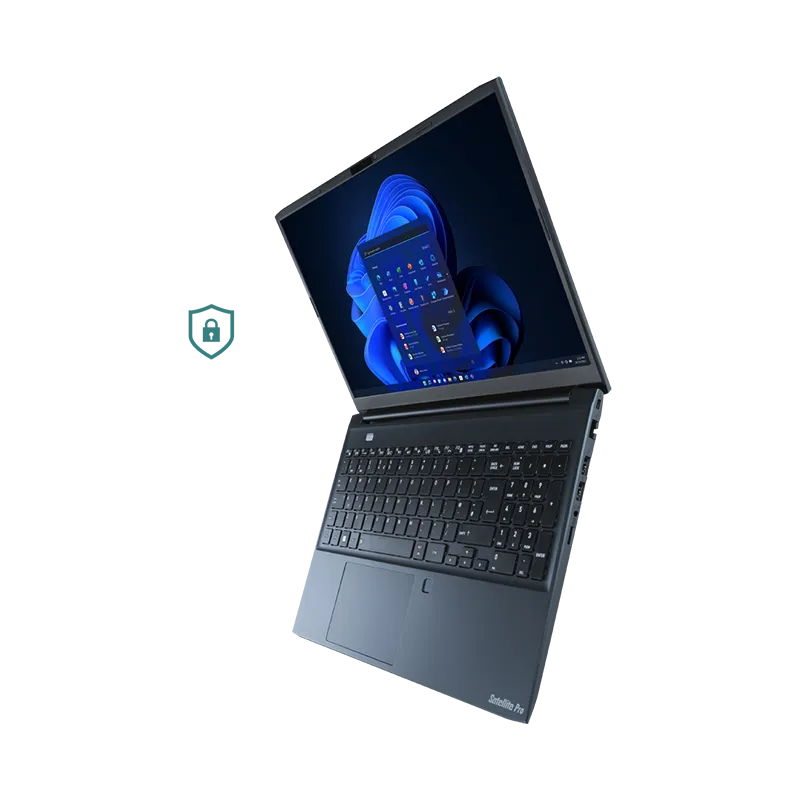 Vista lateral derecha de la Dynabook Satellite Pro C50-K, mostrando puertos USB 3.2, Gigabit Ethernet, conector de audio y lector de tarjetas microSD. Peso ligero desde 1.69 kg.