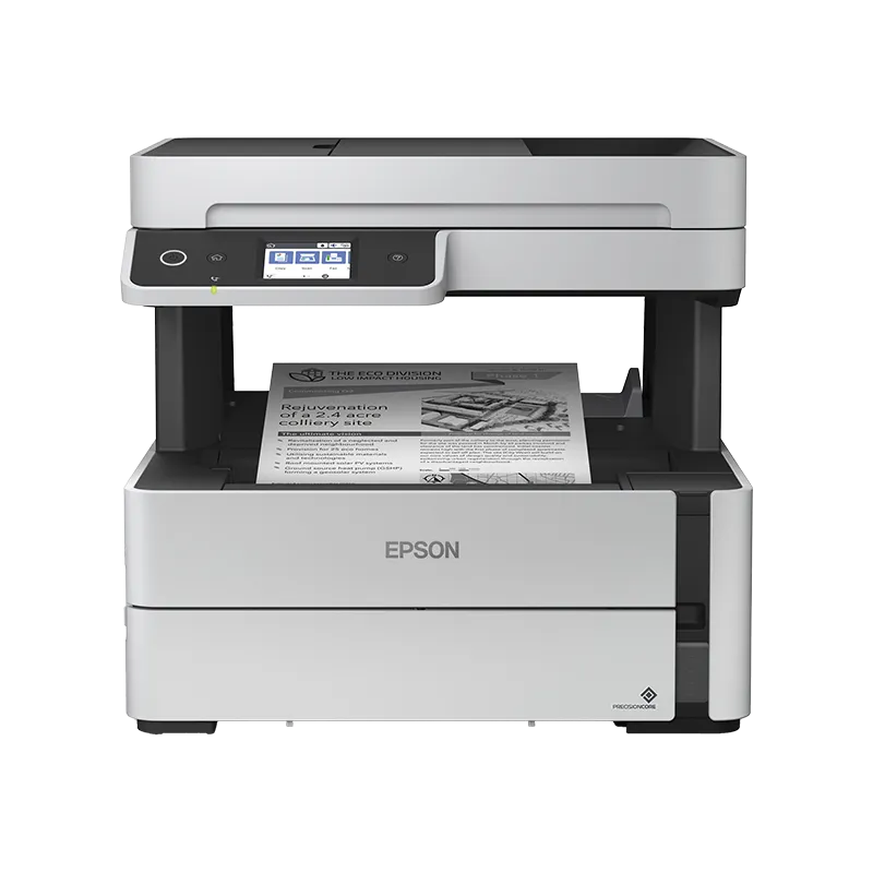 Multifuncional Epson EcoTank M3170, mostrando su panel frontal con ADF de 35 hojas, pantalla táctil a color de 2.44" y bandeja de alimentación frontal para 250 hojas.