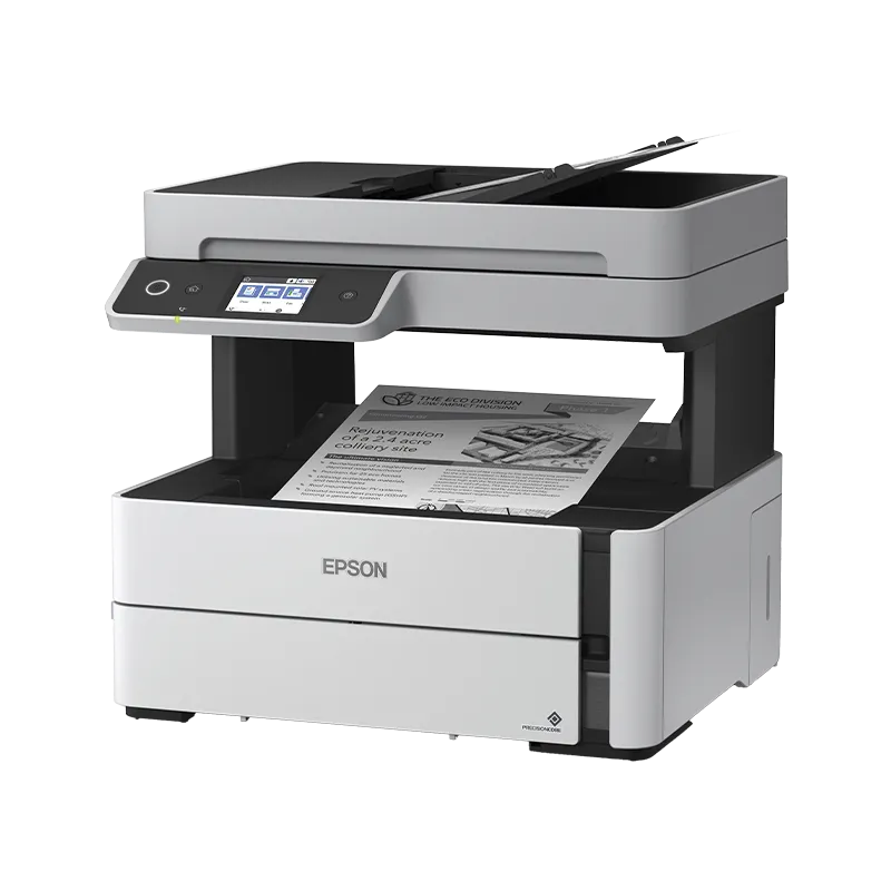 Vista lateral izquierda de la Epson EcoTank M3170, mostrando los depósitos de tinta EcoTank de alta capacidad y diseño compacto. Sistema de llenado EcoFit fácil.