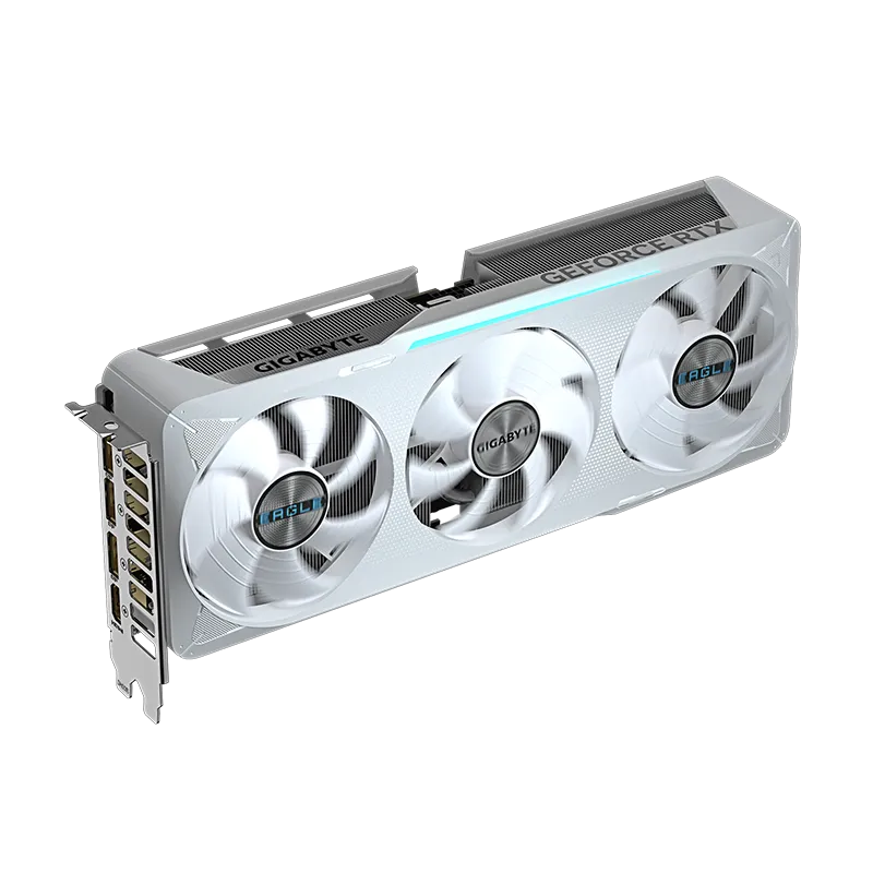 Tarjeta de video GIGABYTE GeForce RTX 5070 EAGLE OC ICE SFF 12GB GDDR7 | PCIe 5.0, 3 Ventiladores 7 Vista en ángulo frontal de la GIGABYTE RTX 5070 EAGLE OC ICE, destacando el diseño de los ventiladores en blanco, el backplate metálico y las dimensiones de 290 x 120 x 50 mm, compatible con SFF.