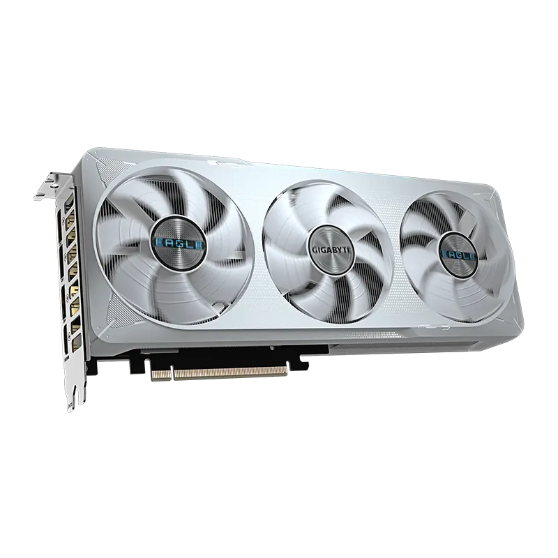 Tarjeta de video GIGABYTE GeForce RTX 5070 EAGLE OC ICE SFF 12GB GDDR7 | PCIe 5.0, 3 Ventiladores 6 Tarjeta gráfica GIGABYTE GeForce RTX 5070 EAGLE OC ICE SFF 12GB en vista frontal, mostrando sus tres ventiladores en color blanco, diseño EAGLE ICE y disipador de calor. GPU con 6144 núcleos CUDA y PCIe 5.0.