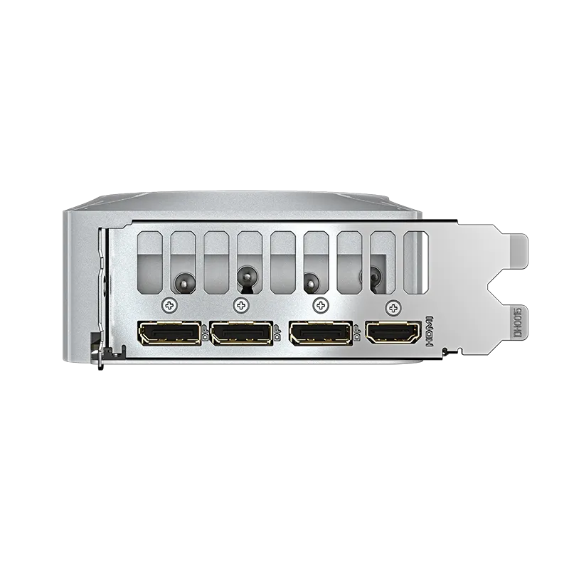 Tarjeta de video GIGABYTE GeForce RTX 5070 EAGLE OC ICE SFF 12GB GDDR7 | PCIe 5.0, 3 Ventiladores 9 Panel de conexiones de la GIGABYTE GeForce RTX 5070 EAGLE OC ICE mostrando 3 puertos DisplayPort 2.1b y 1 puerto HDMI 2.1b, soporte para hasta 4 pantallas simultáneas y resolución 8K con memoria GDDR7 de 28 Gbps.