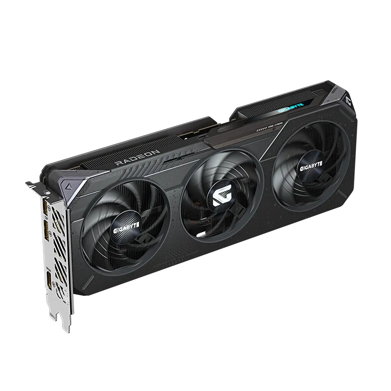 Tarjeta de video GIGABYTE AMD Radeon RX 9060 XT GAMING OC 16GB GDDR6 | PCIe 5.0, 3 Ventiladores 7 Vista en ángulo frontal de la GIGABYTE RX 9060 XT GAMING OC, destacando el diseño de los ventiladores, el backplate metálico y las dimensiones de 281 x 118 x 40 mm.