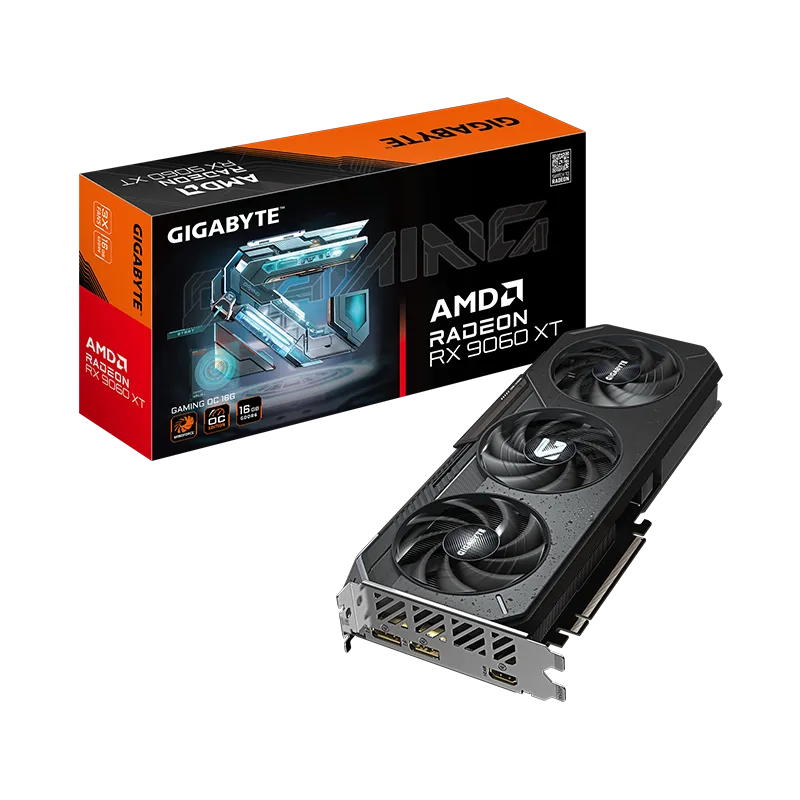Tarjeta de video GIGABYTE AMD Radeon RX 9060 XT GAMING OC 16GB GDDR6 | PCIe 5.0, 3 Ventiladores 10 GIGABYTE RX 9060 XT GAMING OC 16GB junto a su caja oficial, mostrando el empaque con diseño GIGABYTE y especificaciones. Tarjeta gráfica con 16GB GDDR6, boost clock hasta 3320 MHz y conector de alimentación de 8 pines, fuente recomendada 450W.