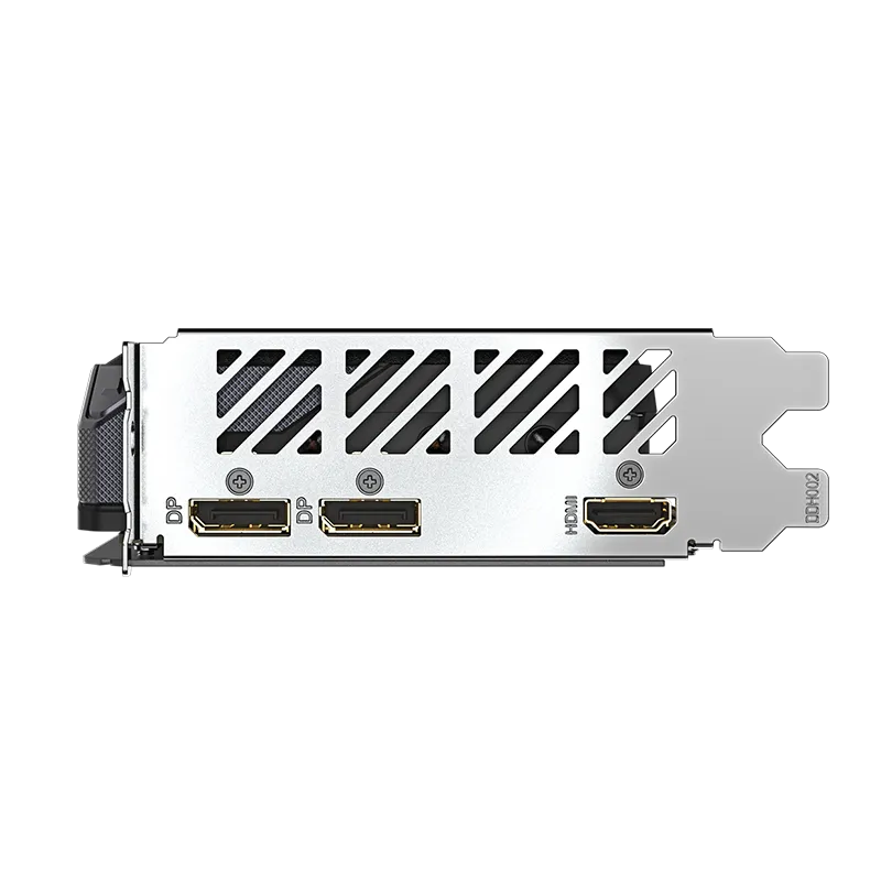 Tarjeta de video GIGABYTE AMD Radeon RX 9060 XT GAMING OC 16GB GDDR6 | PCIe 5.0, 3 Ventiladores 9 Panel de conexiones de la GIGABYTE AMD Radeon RX 9060 XT GAMING OC mostrando 1 puerto HDMI 2.1b y 2 puertos DisplayPort 2.1a, soporte para hasta 3 pantallas y resolución 8K.