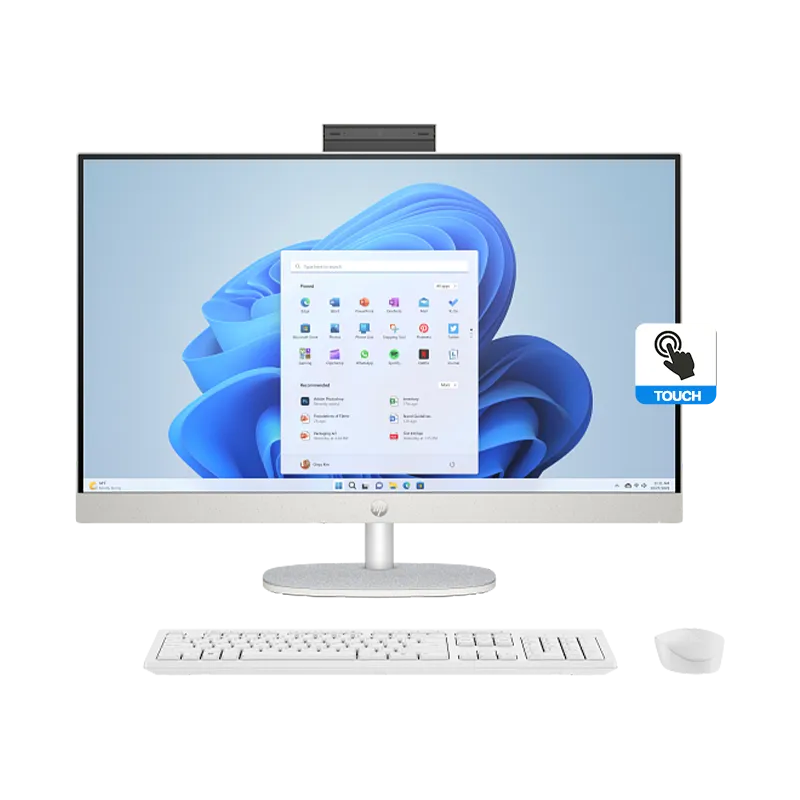 HP 27-cr0278la AIO tactil AMD Ryzen 7 color blanco nácar en vista frontal completa, mostrando su pantalla táctil FHD IPS de 27 pulgadas con biseles micro-edge, teclado y mouse inalámbricos HP 510SP a juego. AIO con AMD Ryzen 7 7730U y 1TB SSD.