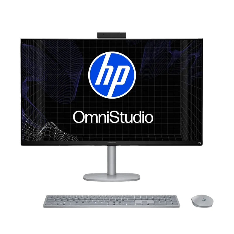 Computadora HP OmniStudio X AIO 32-c1271la Intel Core Ultra 7 258V 32GB 1TB SSD | Pantalla 31.5" 4K UHD, Windows 11 6 HP OmniStudio X AIO 32-c1271la intel core ultra 7 color plata meteoro en vista frontal, mostrando su pantalla 4K UHD de 31.5 pulgadas, biseles micro-edge y combo teclado/mouse HP 710 inalámbricos. AIO con Intel Core Ultra 7 258V y 32GB LPDDR5x.