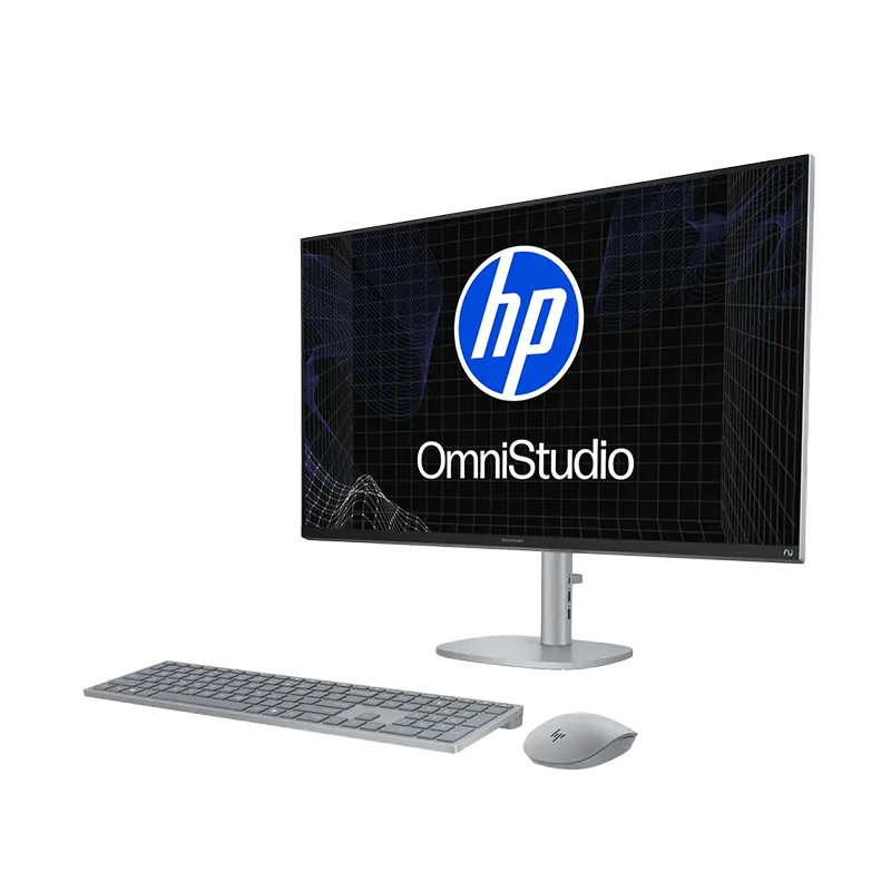 Computadora HP OmniStudio X AIO 32-c1271la Intel Core Ultra 7 258V 32GB 1TB SSD | Pantalla 31.5" 4K UHD, Windows 11 8 Vista frontal hacia la derecha del HP OmniStudio X AIO 32-c1271la, destacando su diseño premium en plata meteoro, pantalla 4K de 550 nits con 95% DCI-P3 y los periféricos HP 710 incluidos.