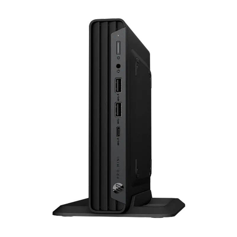 HP Pro Mini 400 G9 Intel Core i5-14500T 16GB 512GB SSD | Windows 11 Pro 8 Vista frontal del HP Pro Mini 400 G9 mostrando el panel con botón de encendido, puertos USB SuperSpeed, conector de audio y rejillas de ventilación. Incluye teclado y mouse HP 125.