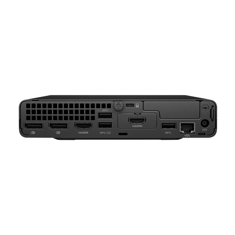 HP Pro Mini 400 G9 Intel Core i5-14500T 16GB 512GB SSD | Windows 11 Pro 9 Panel trasero del HP Pro Mini 400 G9 mostrando 2 puertos DisplayPort 1.4, HDMI 2.1, RJ-45 Gigabit Ethernet, 3 puertos USB-A, entrada de alimentación de 90W y ranura de seguridad Kensington.