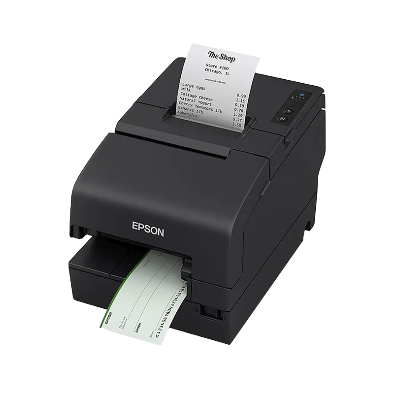 Vista lateral derecha de la Impresora Híbrida POS Epson TM-H6000VI, mostrando su diseño compacto, puerto USB Tipo-A para periféricos POS y carcasa robusta para entornos comerciales.
