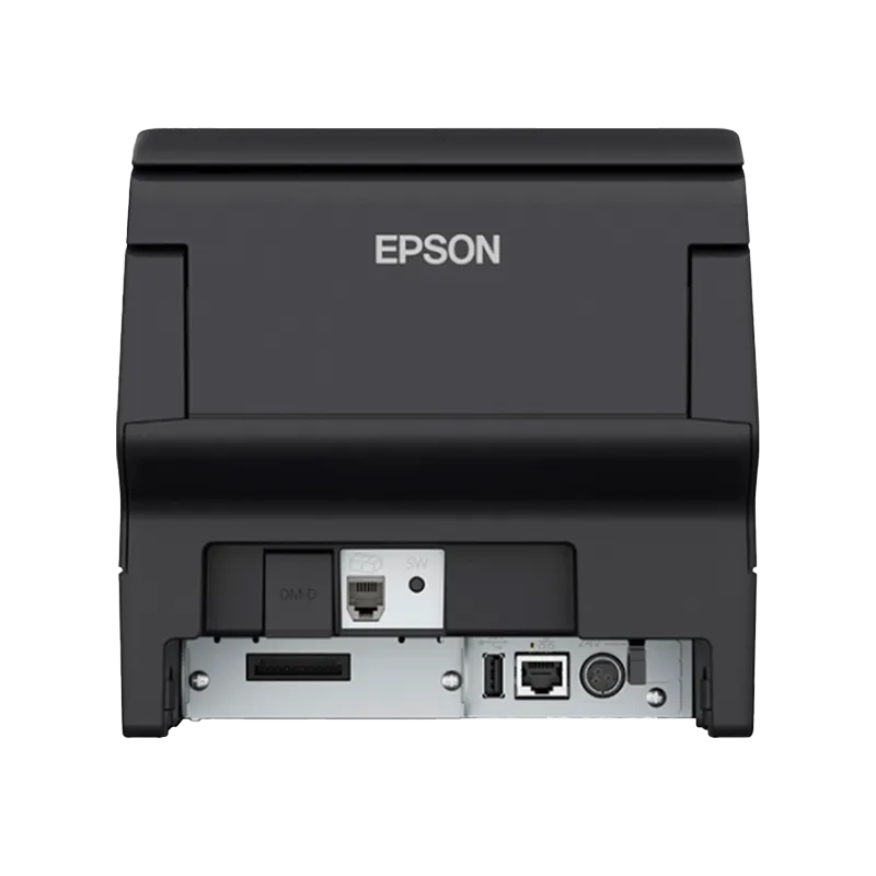 Parte trasera de la impresora Epson TM-H6000VI, mostrando puertos de conexión Ethernet 10/100, USB, interfaces Connect-It™ opcionales y entrada de alimentación 24V.