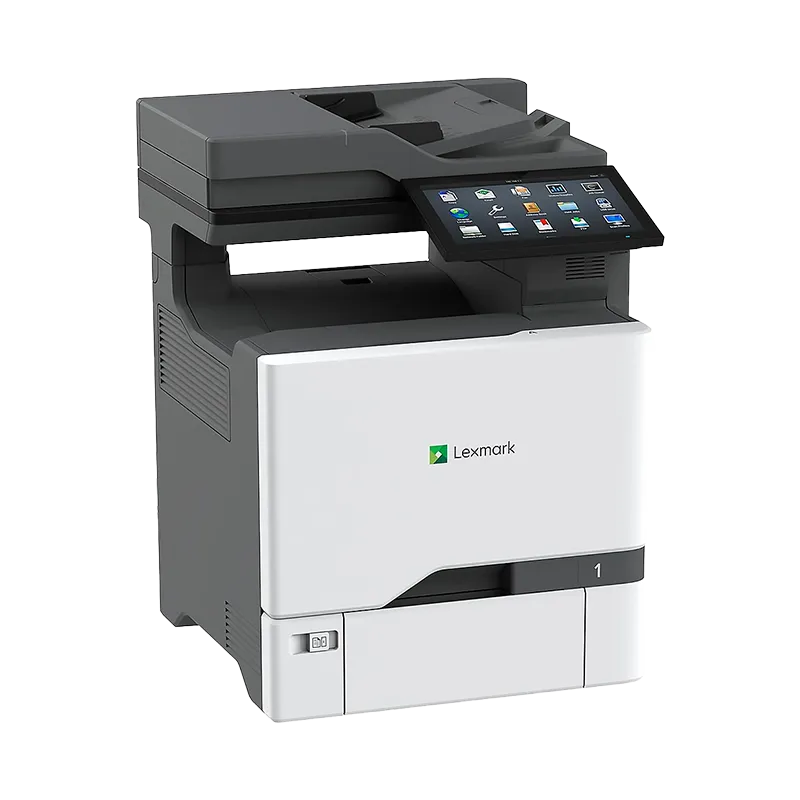 Impresora Láser Color Multifuncional Lexmark CX725dhe | Copia, Fax, Escaneo, Pantalla 7" Táctil 5 Vista frontal en ángulo de la Lexmark CX725dhe, destacando su diseño de 648 mm de altura, bandeja multipropósito de 100 hojas y capacidades de copiado, fax, impresión y escaneo en red.