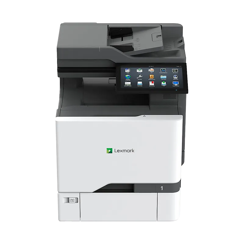 Impresora Láser Color Multifuncional Lexmark CX725dhe | Copia, Fax, Escaneo, Pantalla 7" Táctil 4 Impresora laser a color Multifuncional Lexmark CX725dhe en vista frontal, mostrando su panel táctil a color e-Task de 7 pulgadas, alimentador automático ADF de 50 hojas y bandeja principal de 550 hojas. Velocidad de 50 ppm en carta.